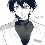 私、堀川くんの内番のジャージの中に着ている黒のインナーが大好きなんですよ。でもジャージを着ていると見えないんです。
もったいなくないですか!!!???図録を買っていない人は堀川くんのこのインナーの存在すら知らないんですよ?????
せめて冬だけでもいいからYシャツの下に着て欲しい……という欲望駄々洩れで描きました!笑 堀川くんイラスト